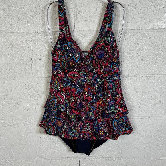 Swim Solutions Women's Printed Tiered One-Piece Swimsuit Navy Multi 8 MSRP $99 - Picture 1 of 13